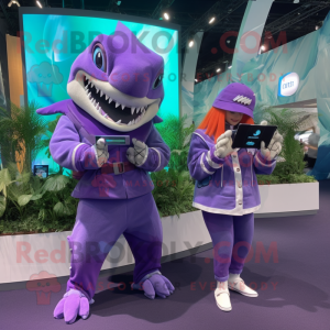 Purple Megalodon mascot costume character dressed with a Blouse and Smartwatches