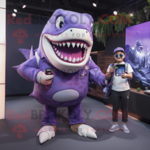 Purple Megalodon mascot costume character dressed with a Blouse and Smartwatches