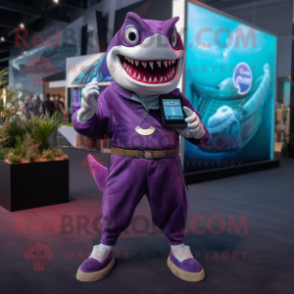 Purple Megalodon mascot costume character dressed with a Blouse and Smartwatches