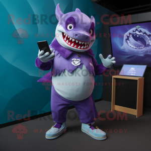 Purple Megalodon mascot costume character dressed with a Blouse and Smartwatches