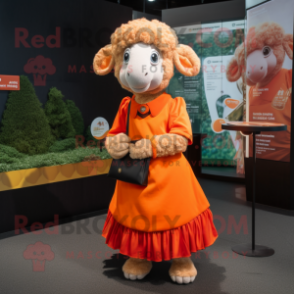 Orange Merino Sheep mascot costume character dressed with a Pleated Skirt and Coin purses