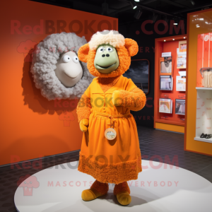 Orange Merino Sheep mascot costume character dressed with a Pleated Skirt and Coin purses