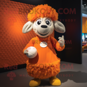 Orange Merino Sheep mascot costume character dressed with a Pleated Skirt and Coin purses