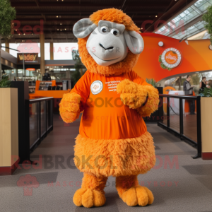 Orange Merino Sheep mascot costume character dressed with a Pleated Skirt and Coin purses