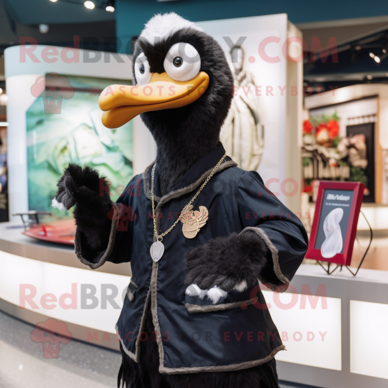 Black Swans mascot costume character dressed with a Jacket and Keychains Black Swans mascot costume character dressed with a Jacket and Keychains