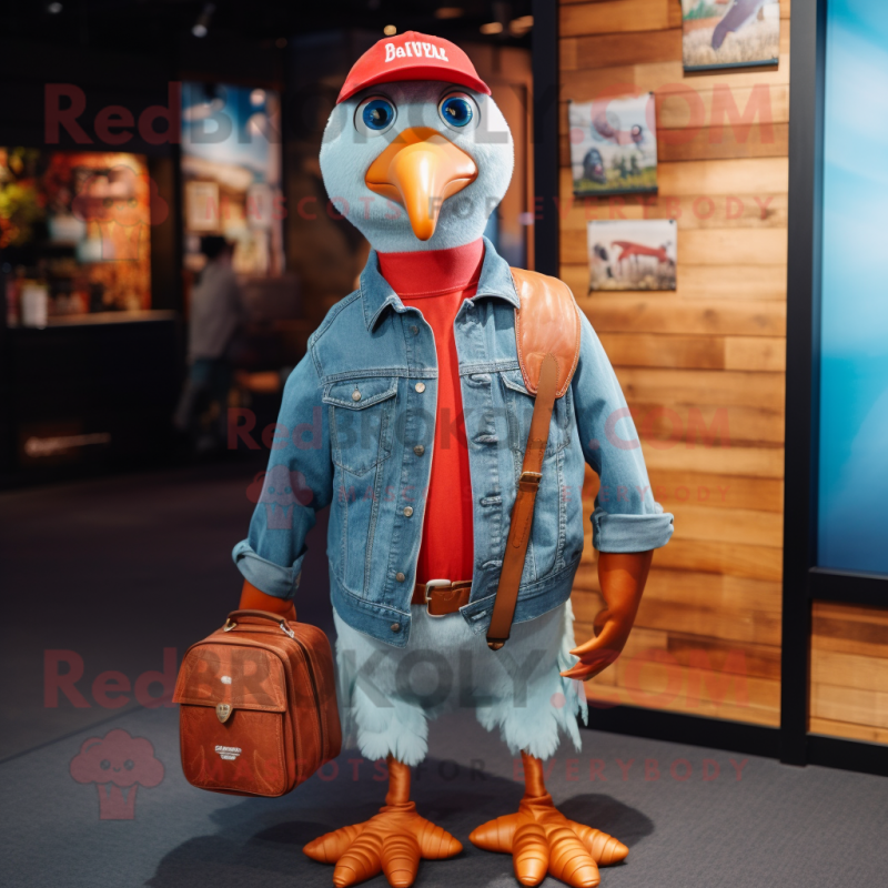 Red Albatross mascot costume character dressed with a Denim Shirt and Wallets