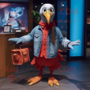 Red Albatross mascot costume character dressed with a Denim Shirt and Wallets