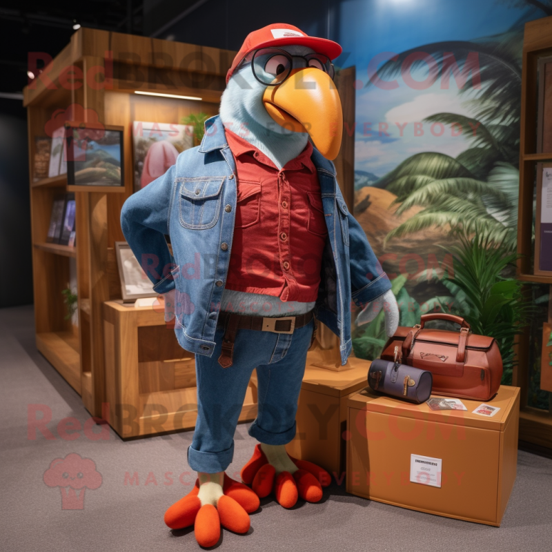 Red Albatross mascot costume character dressed with a Denim Shirt and Wallets