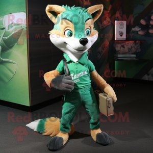 Green Fox mascot costume character dressed with a Polo Tee and Clutch bags