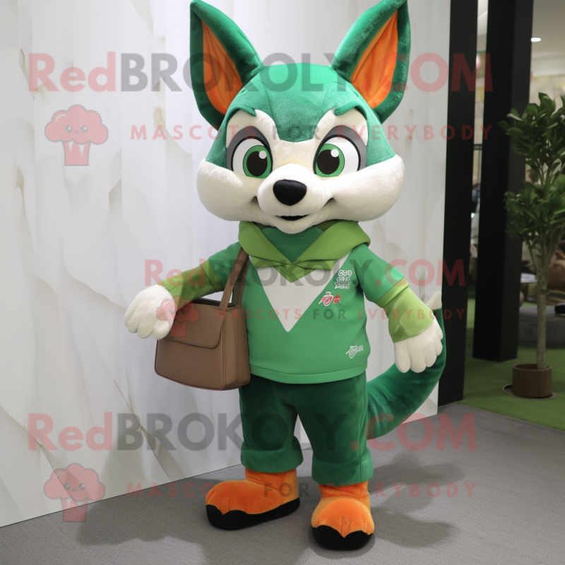 Green Fox mascot costume character dressed with a Polo Tee and Clutch bags Green Fox mascot costume character dressed with a Polo Tee and Clutch bags