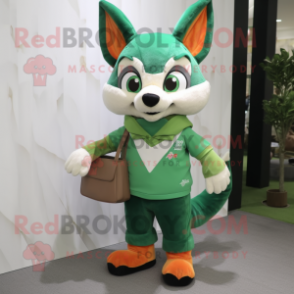 Green Fox mascot costume character dressed with a Polo Tee and Clutch bags