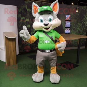 Green Fox mascot costume character dressed with a Polo Tee and Clutch bags