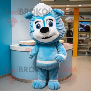 Sky Blue Shepard'S Pie mascot costume character dressed with a Sweatshirt and Headbands