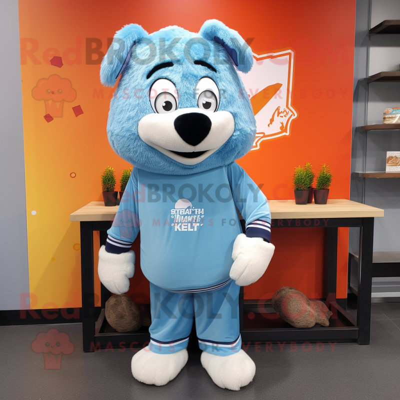 Sky Blue Shepard'S Pie mascot costume character dressed with a Sweatshirt and Headbands