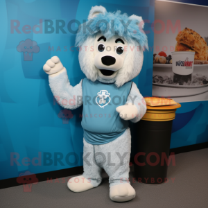 Sky Blue Shepard'S Pie mascot costume character dressed with a Sweatshirt and Headbands