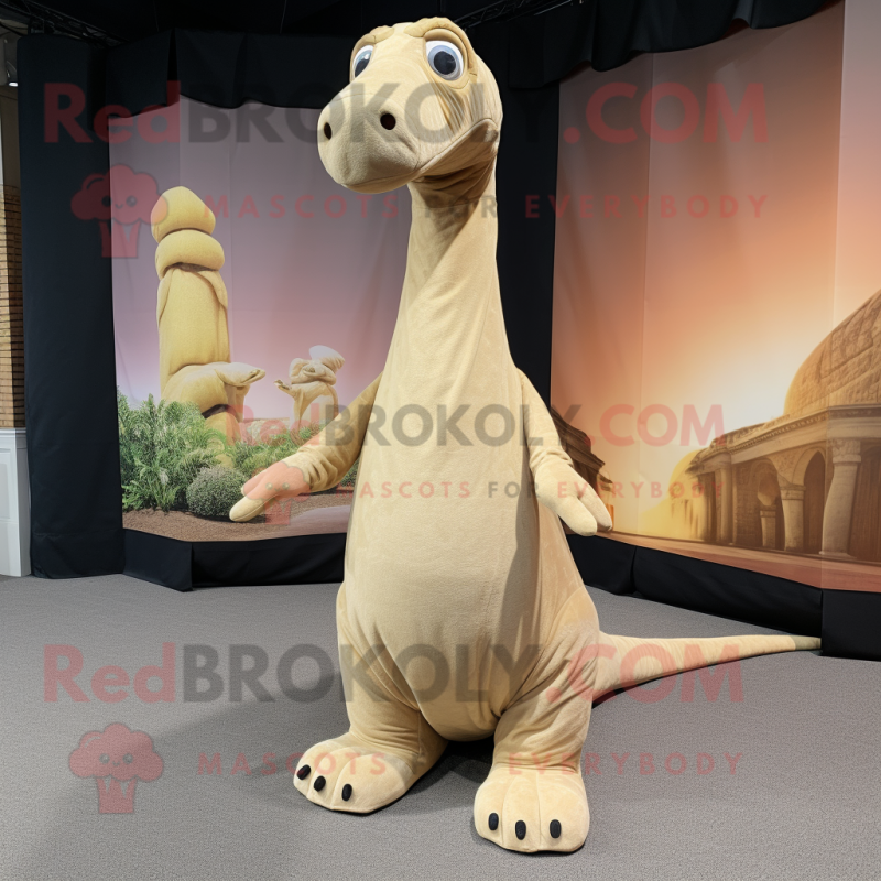 Beige Brachiosaurus mascot costume character dressed with a Cover-up and Foot pads Beige Brachiosaurus mascot costume character dressed with a Cover-up and Foot pads