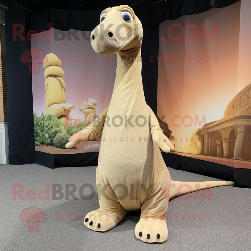 Beige Brachiosaurus mascot costume character dressed with a Cover-up and Foot pads