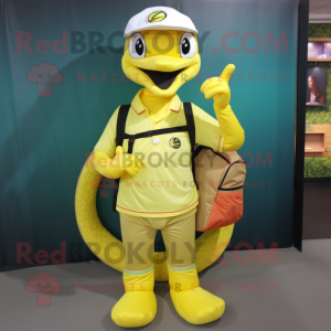Lemon Yellow Snake mascot costume character dressed with a Polo Shirt and Backpacks