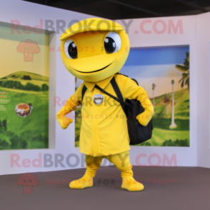 Lemon Yellow Snake mascot costume character dressed with a Polo Shirt and Backpacks