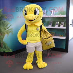 Lemon Yellow Snake mascot costume character dressed with a Polo Shirt and Backpacks