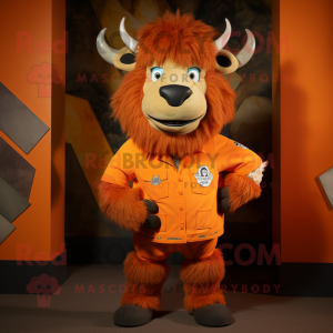 Orange Bison mascot costume character dressed with a Romper and Lapel pins
