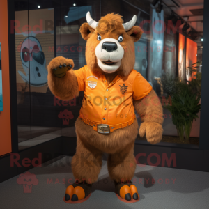 Orange Bison mascot costume character dressed with a Romper and Lapel pins