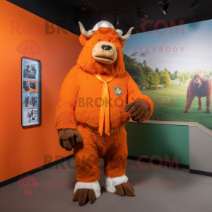Orange Bison mascot costume character dressed with a Romper and Lapel pins