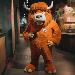 Orange Bison mascot costume character dressed with a Romper and Lapel pins