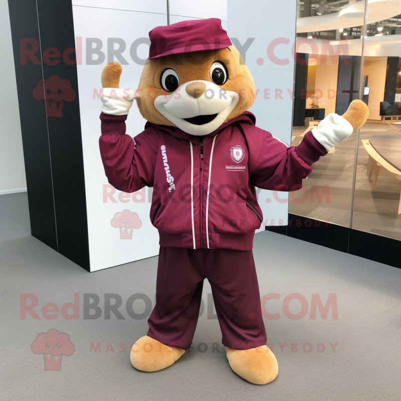 Maroon Alliance mascot costume character dressed with a Windbreaker and Pocket squares Maroon Alliance mascot costume character dressed with a Windbreaker and Pocket squares