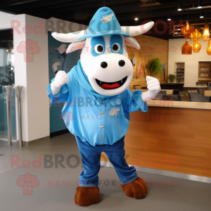 Sky Blue Beef Stroganoff mascot costume character dressed with a Flare Jeans and Shoe clips