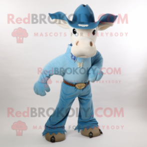 Sky Blue Beef Stroganoff mascot costume character dressed with a Flare Jeans and Shoe clips