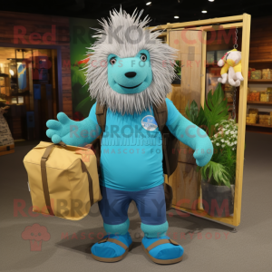 Cyan Porcupine mascot costume character dressed with a Cargo Pants and Tote bags