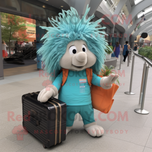 Cyan Porcupine mascot costume character dressed with a Cargo Pants and Tote bags