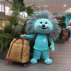 Cyan Porcupine mascot costume character dressed with a Cargo Pants and Tote bags