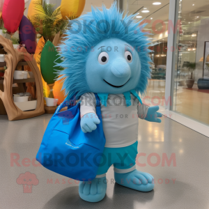 Cyan Porcupine mascot costume character dressed with a Cargo Pants and Tote bags