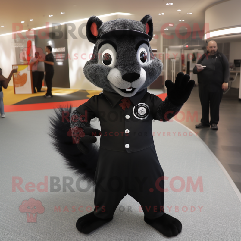 Black Squirrel mascot costume character dressed with a Midi Dress and Ties