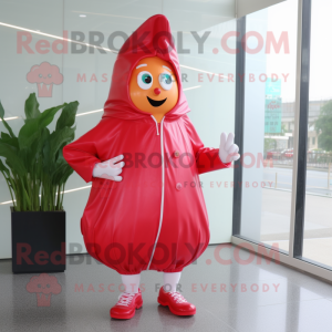 Red Radish mascot costume character dressed with a Raincoat and Shoe laces