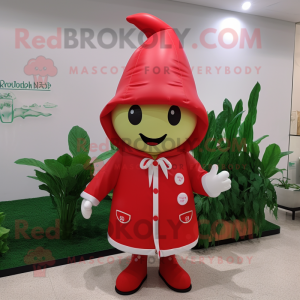 Red Radish mascot costume character dressed with a Raincoat and Shoe laces