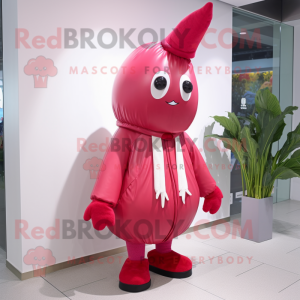 Red Radish mascot costume character dressed with a Raincoat and Shoe laces