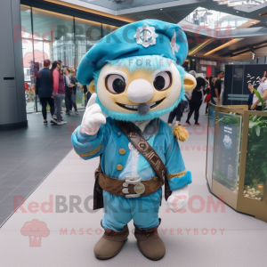 Sky Blue Pirate mascot costume character dressed with a Overalls and Headbands