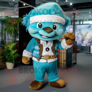 Sky Blue Pirate mascot costume character dressed with a Overalls and Headbands