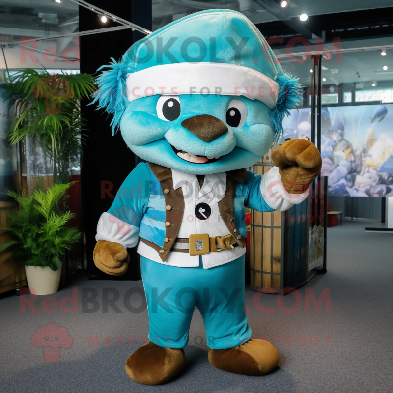 Sky Blue Pirate mascot costume character dressed with a Overalls and Headbands Sky Blue Pirate mascot costume character dressed with a Overalls and Headbands