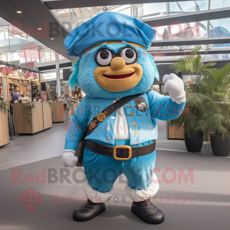 Sky Blue Pirate mascot costume character dressed with a Overalls and Headbands