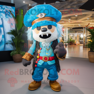 Sky Blue Pirate mascot costume character dressed with a Overalls and Headbands