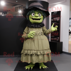 Olive Frankenstein'S Monster mascot costume character dressed with a Pleated Skirt and Hats