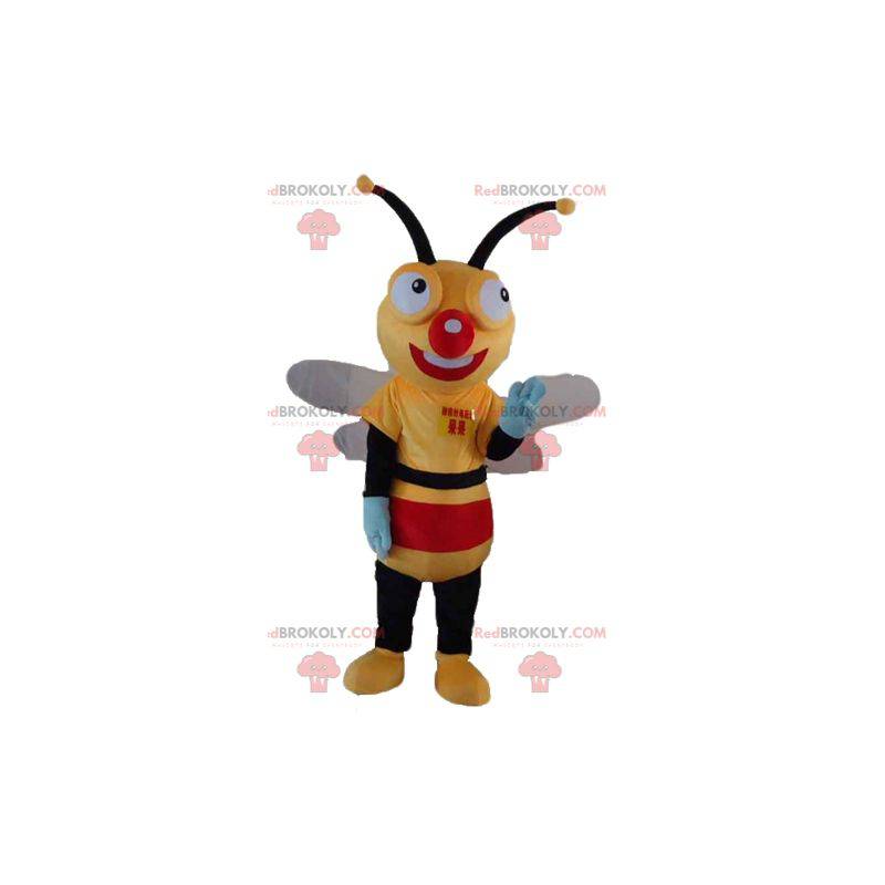 Abeja mascota amarillo negro y rojo muy sonriente -