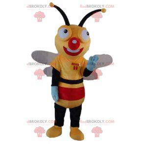 Včelí maskot žlutá černá a červená velmi usmívající se -