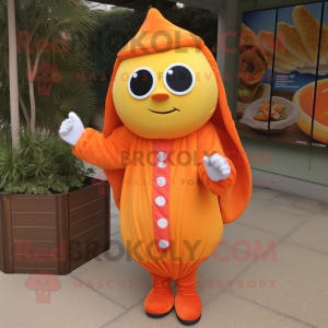 Orange Bagels mascot costume character dressed with a Windbreaker and Shawls