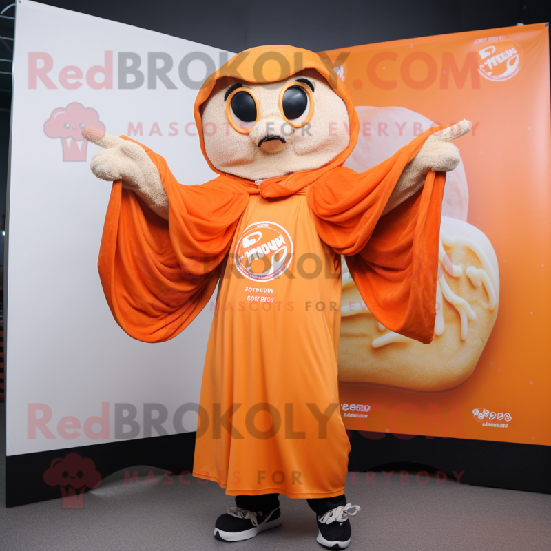 Orange Bagels mascot costume character dressed with a Windbreaker and Shawls Orange Bagels mascot costume character dressed with a Windbreaker and Shawls