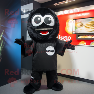 Black Sushi mascot costume character dressed with a Playsuit and Cufflinks